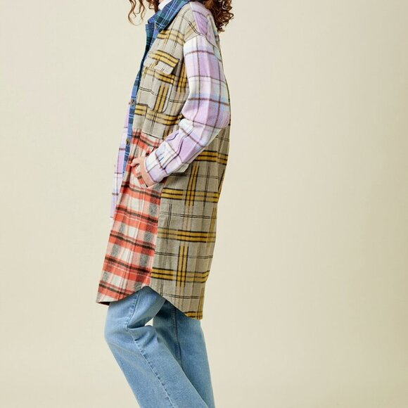MYSTREE MIXED PLAID COLOR BLOCK LONG JACKET - Picture 3 of 7